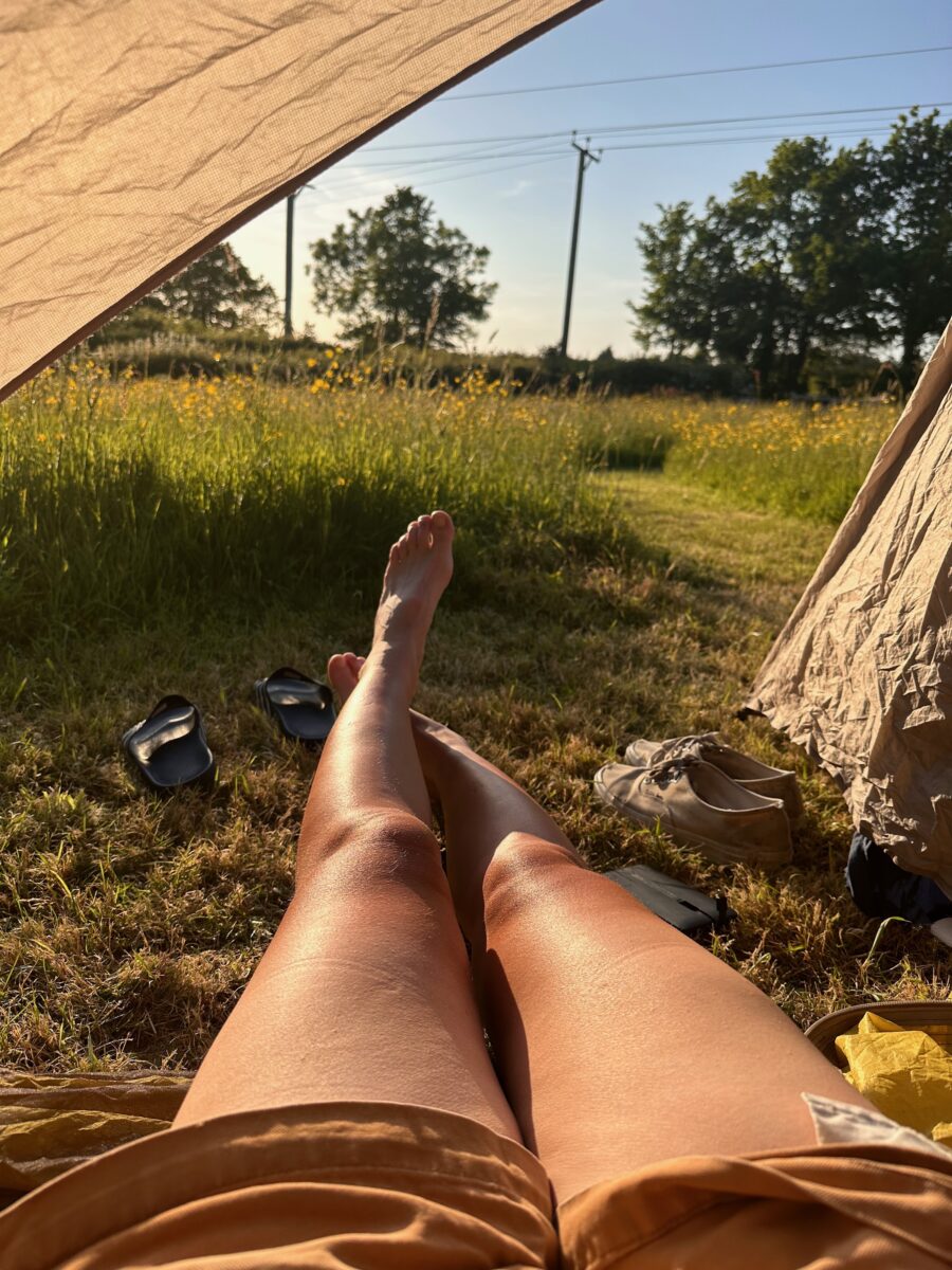 Zelten auf einer Blumenwiese auf dem Pithead Campingplatz in Marsh Green