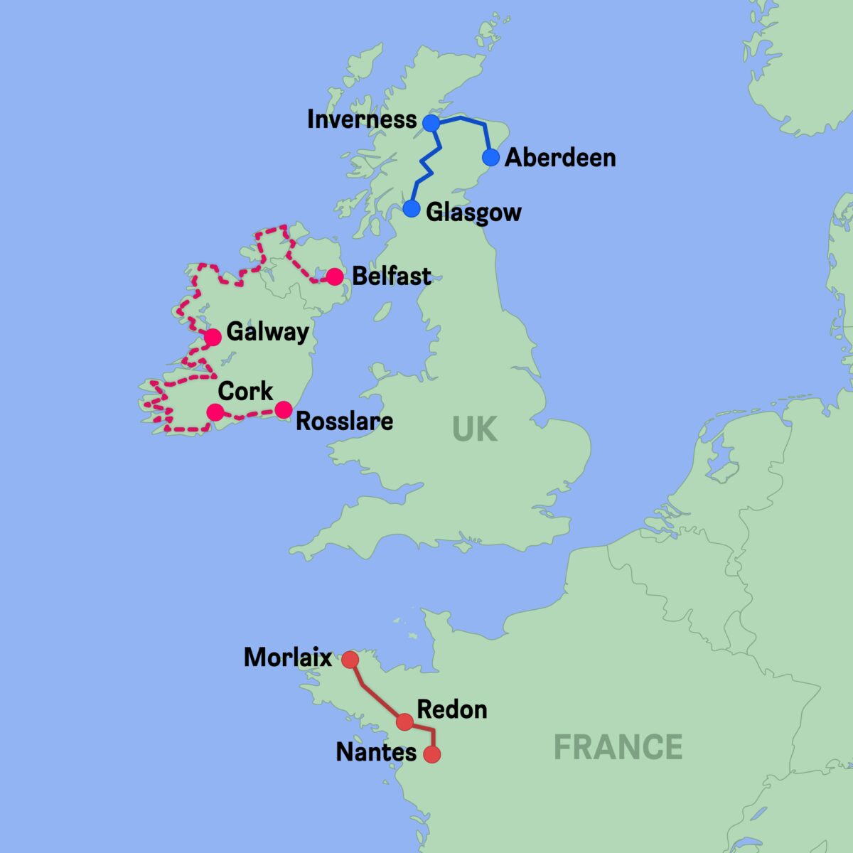 Eurovelo 1 - map of my tours in France, Scotland and Ireland